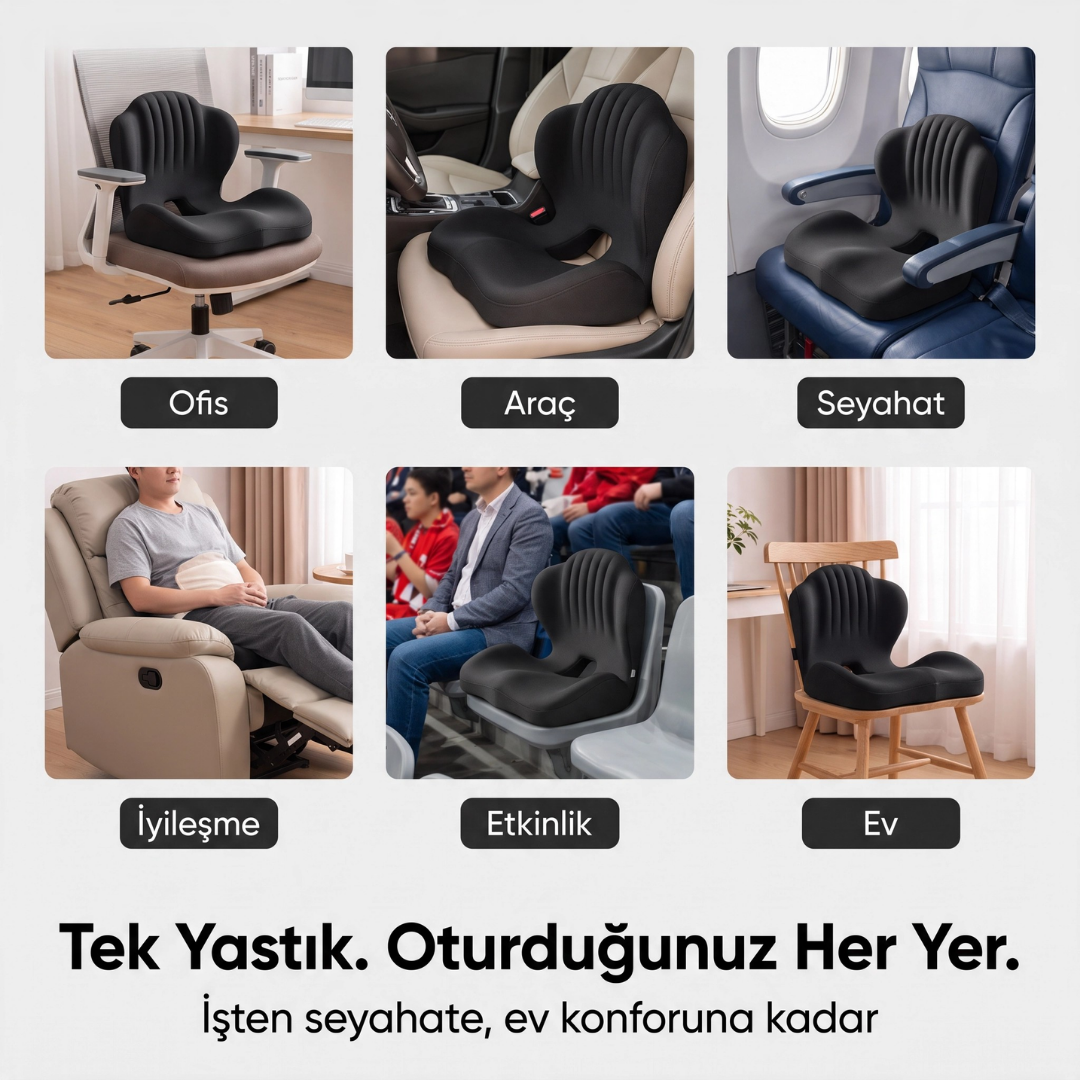 Pillowen Ergonomik Ofis ve Araç Oturma Yastığı Visko Ortopedik Sırt Destek Minderi